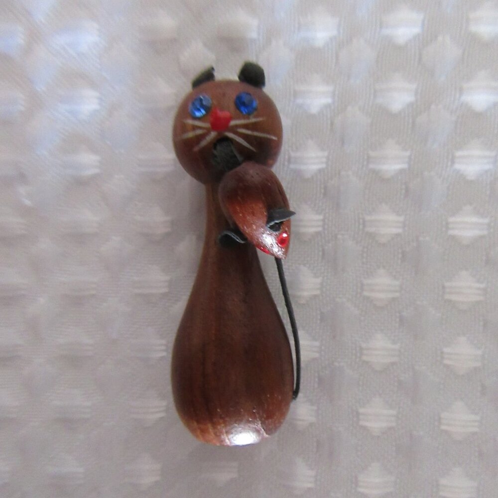 Vintage Teak Wood  Cat & Mouse Brooch
